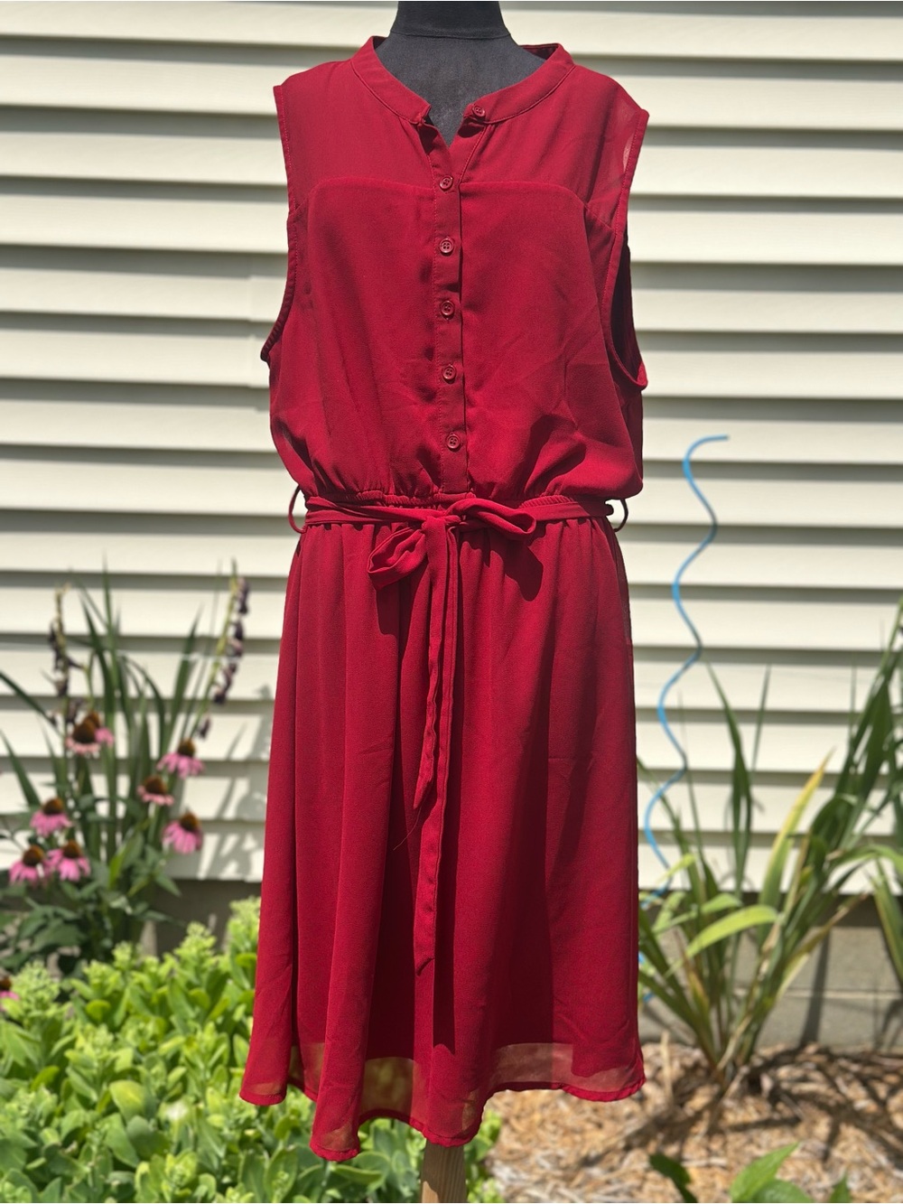 Papermoon Red Sleeveless Button-Front Midi Dress with Tie Waist